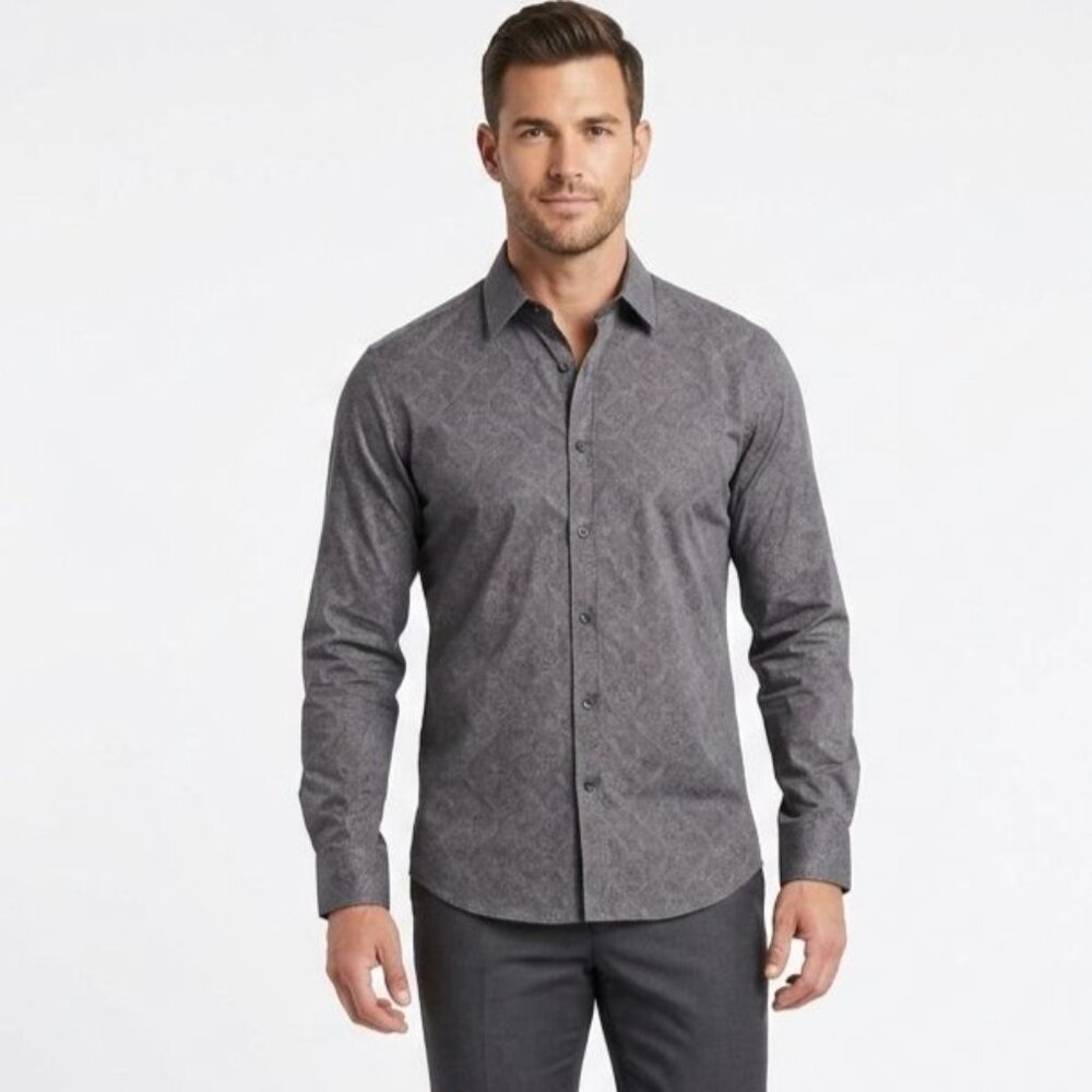 Society Of Threads Slim Grey Paisley Shirt Size S Stretch No Iron Performance